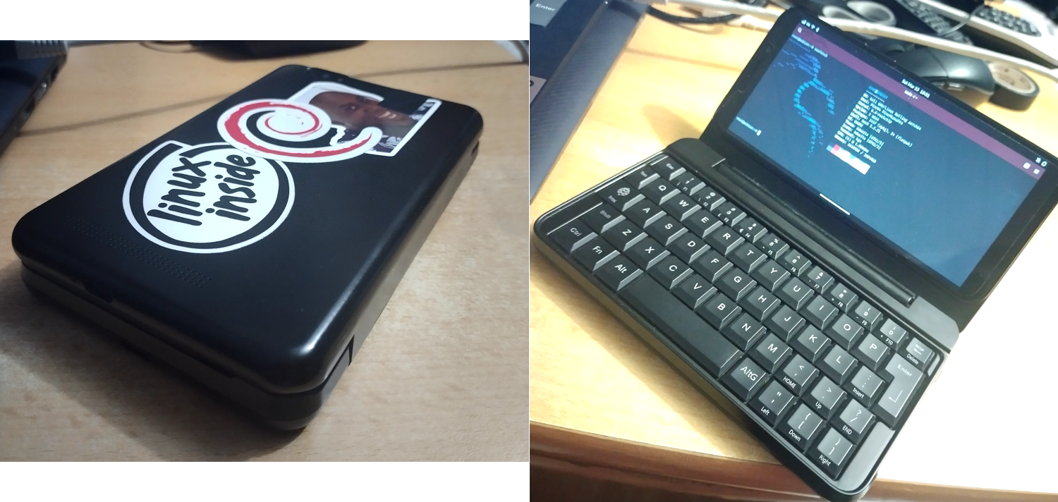 A collage of two pictures: My Pinephone Pro with the keyboard case in closed position on the left. Some stickers (Linux Inside, Debian logo and the rapey chef meme) are on it. On the right, it's with the case open, a terminal window is visible running Neofetch. The Kali Linux logo is showing, even though the phone runs Mobian.