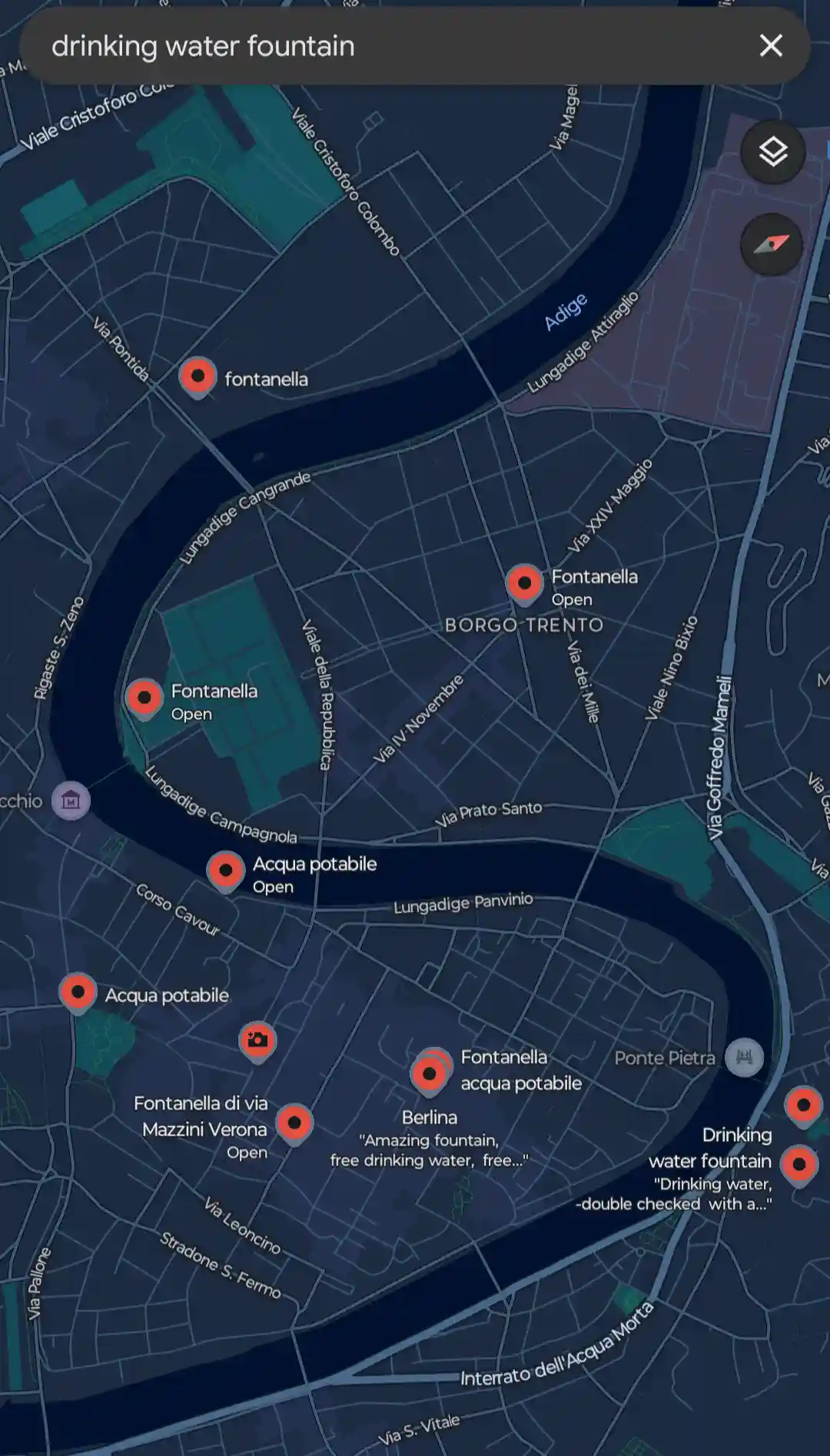 Nine drinking water fountains mapped on Google Maps in Verona. A screenshot of map pins in Google Maps.