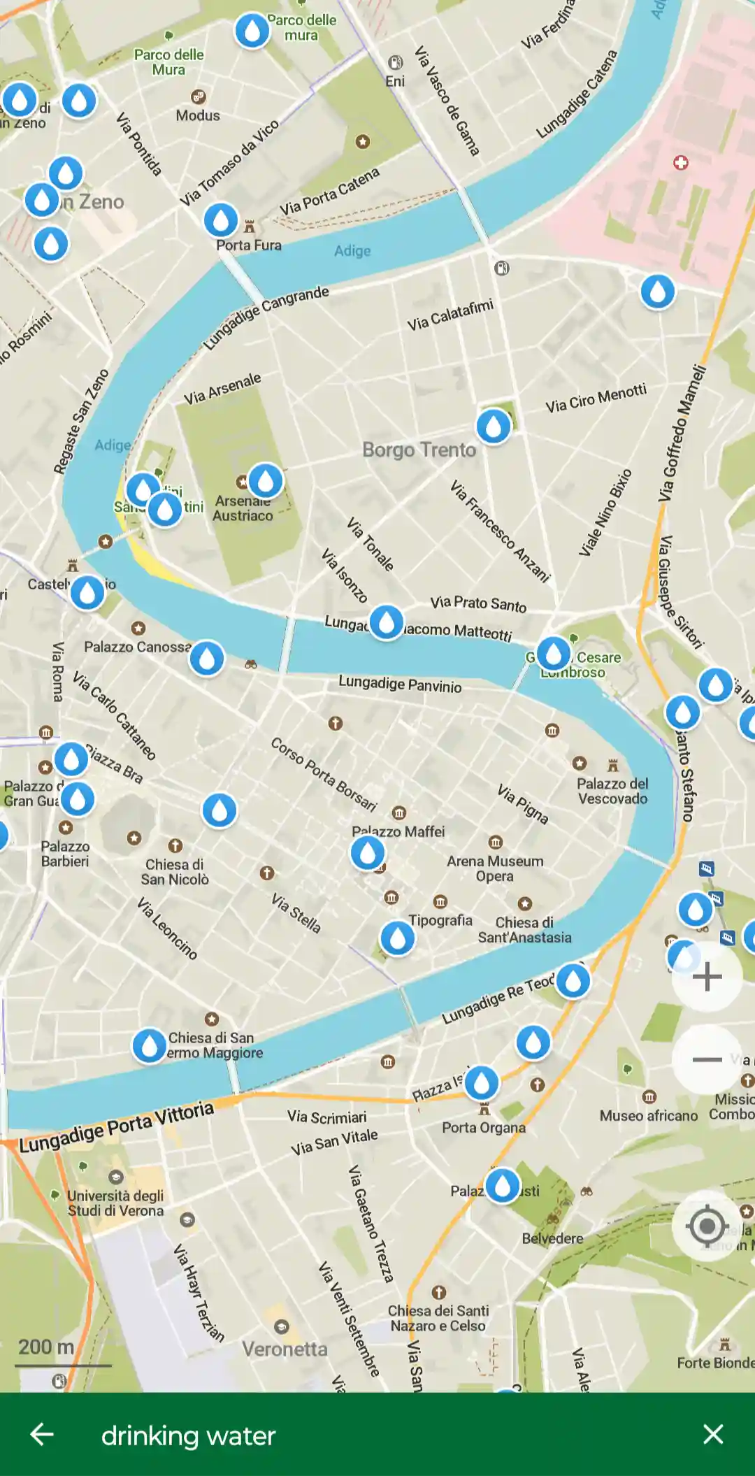 I cannot count how many drinking water fountains were mapped on OpenStreetMap. A screenshot of map pins in Organic Maps.