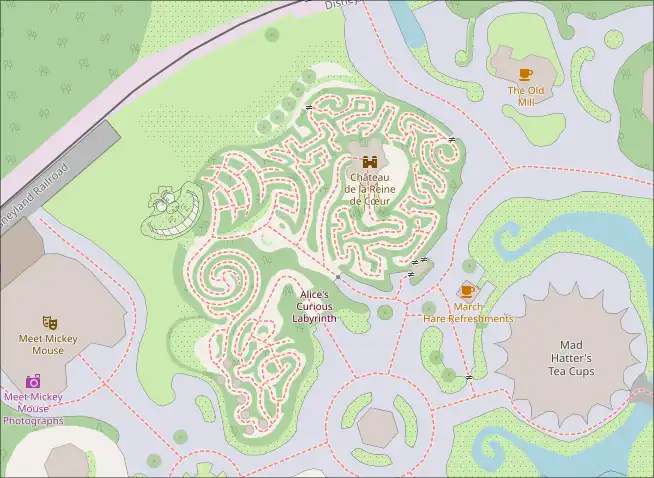 A screenshot of how Alice's Curious Labyrinth looks on OpenStreetMap.org. The whole labyrinth is mapped with its walkways and bushes, including a flower garden in the shape of Cheshire Cat's traced grin.