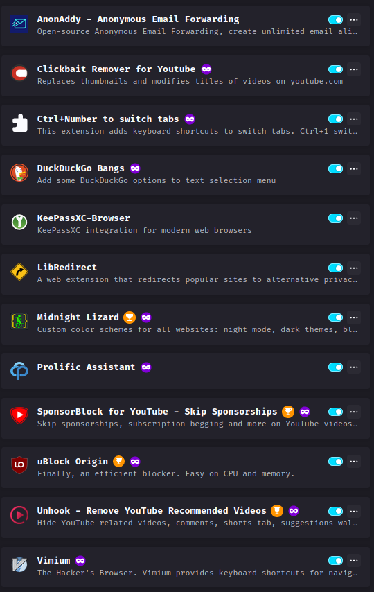 Screenshot of my extensions list